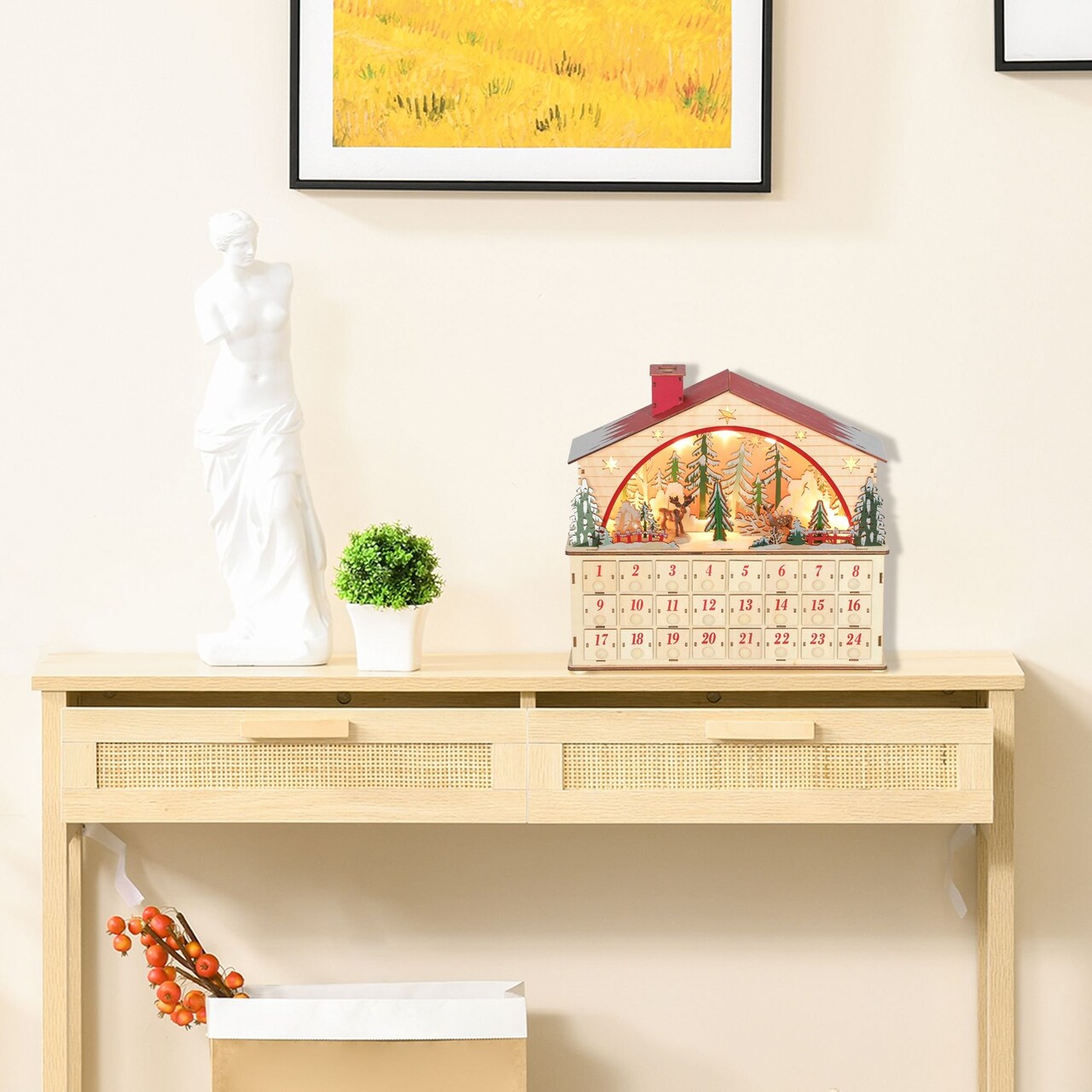 Edge Collections - 14.2" x 3.9" - Red - Lighted Wooden Advent Calendar with Cozy Holiday Scene - 1 Piece